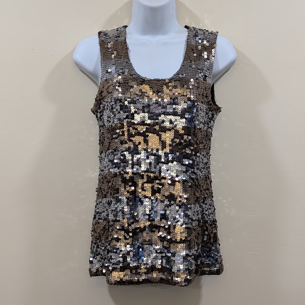Alice + Olivia Sequin Sleeveless Top - Brown Gold Silver